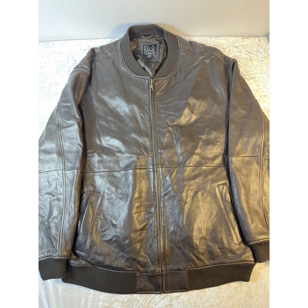 Vintage Jos A Bank Mens XXL Genuine Leather Bomber Jacket Brown Wool Trim